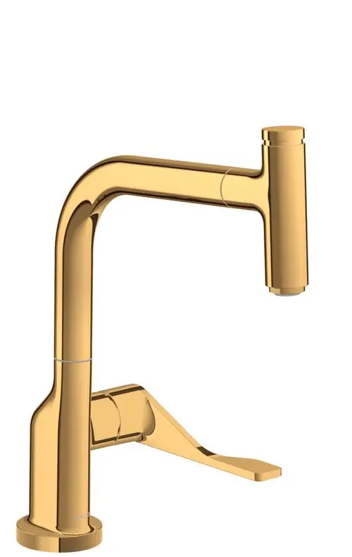 Einzelner Küchenmischer aus glänzendem Gold in minimalistischer Bauweise, mit einer Auslauf-nase und einem seitlichen Hebel zur Temperaturregelung. Marke: AXOR.